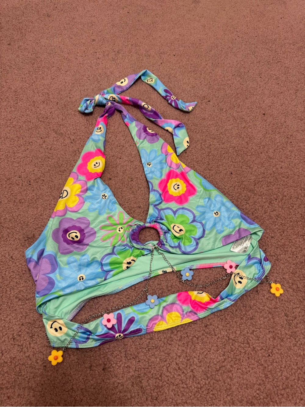 New 1x halter crop top daisy festival rave 60s edc trippy hippie smiley face